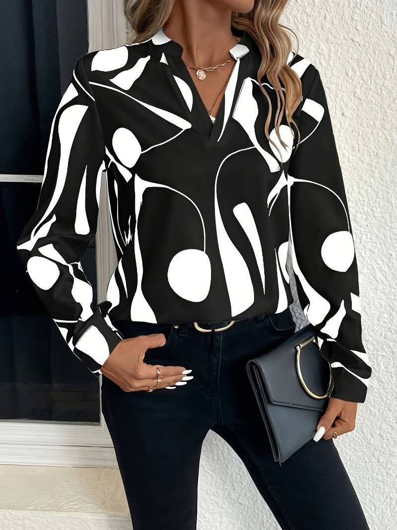 Abstract Print Button-Down Blouse for Women - Black