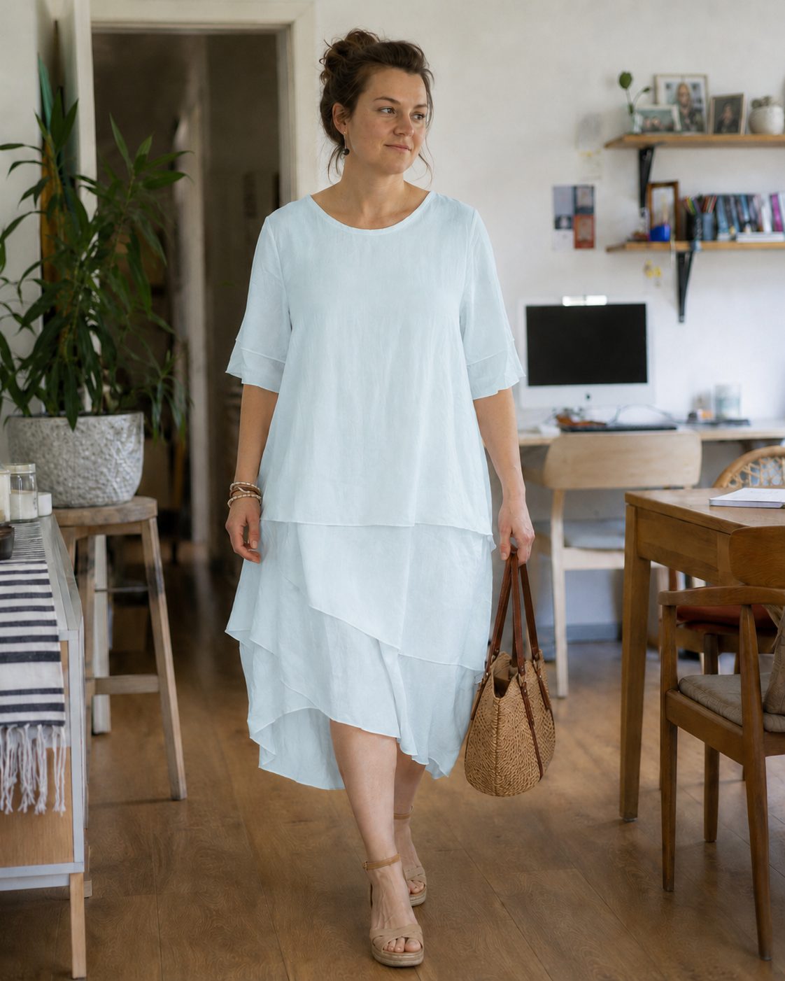 Asymmetrical Layered Midi Dress for Women - Light Blue