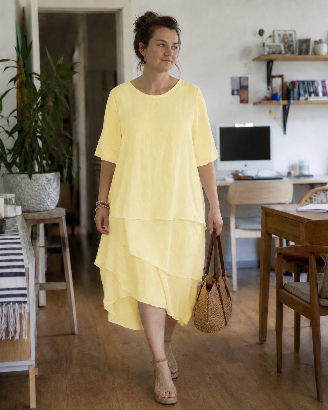 Asymmetrical Layered Midi Dress for Women - Yellow