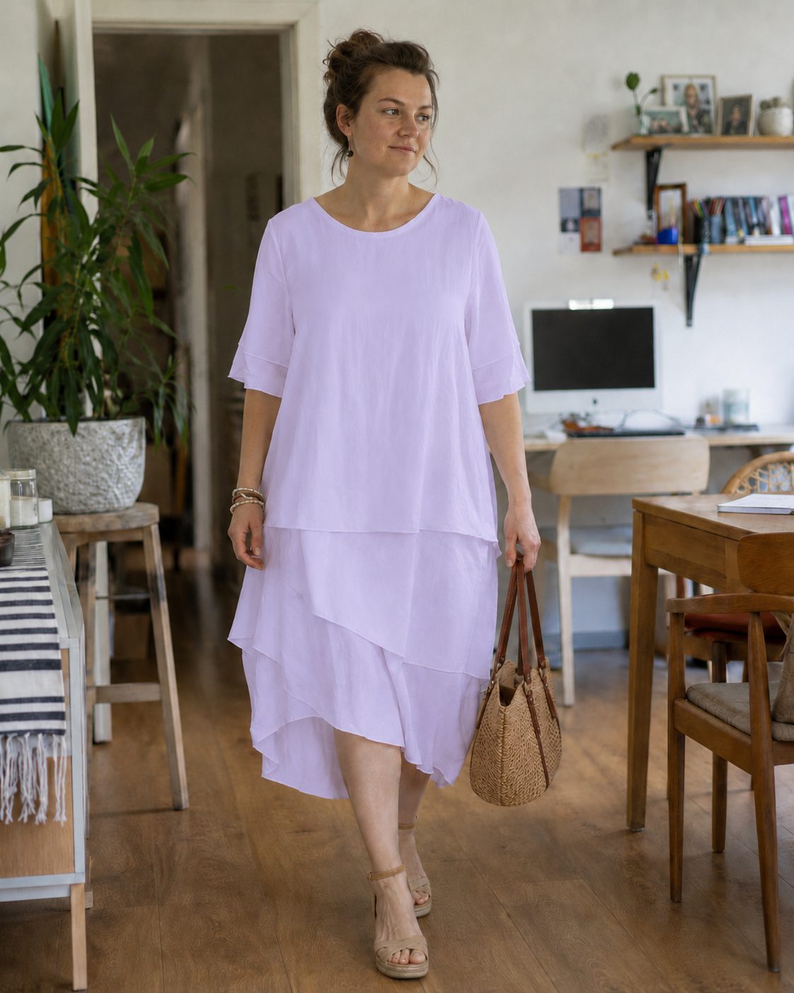 Asymmetrical Layered Midi Dress for Women - Light Purple