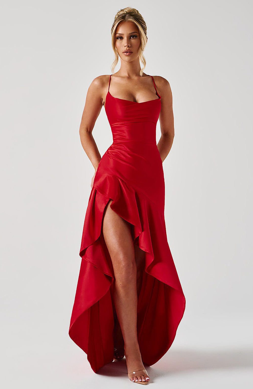 Asymmetrical Ruffle Maxi Dress for Women - Red