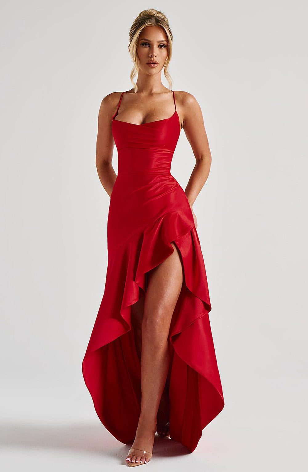 Asymmetrical Ruffle Wrap Maxi Dress for Women - Red
