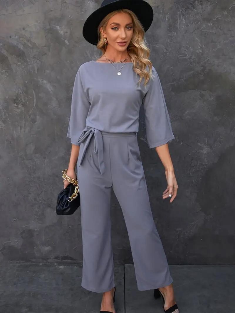 Belted Crew Neck Wide Leg Jumpsuit for Women - View 8