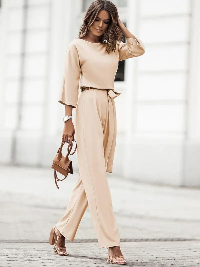 Belted Crew Neck Wide Leg Jumpsuit for Women - View 10