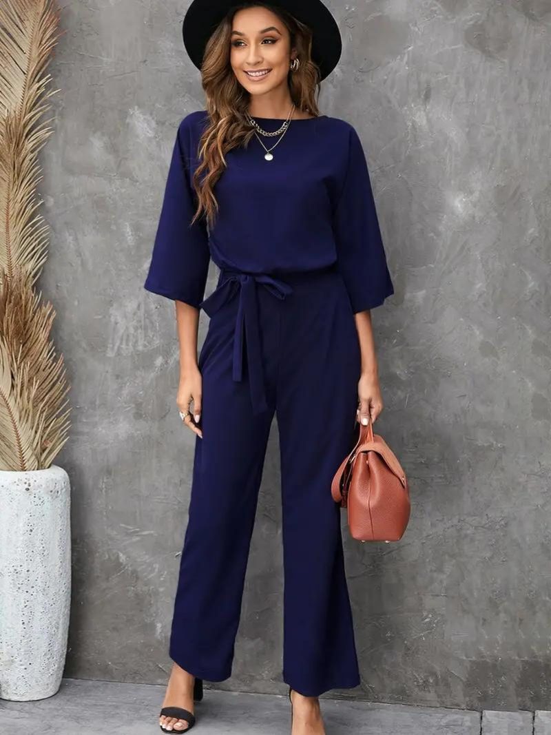 Belted Crew Neck Wide Leg Jumpsuit for Women - View 14