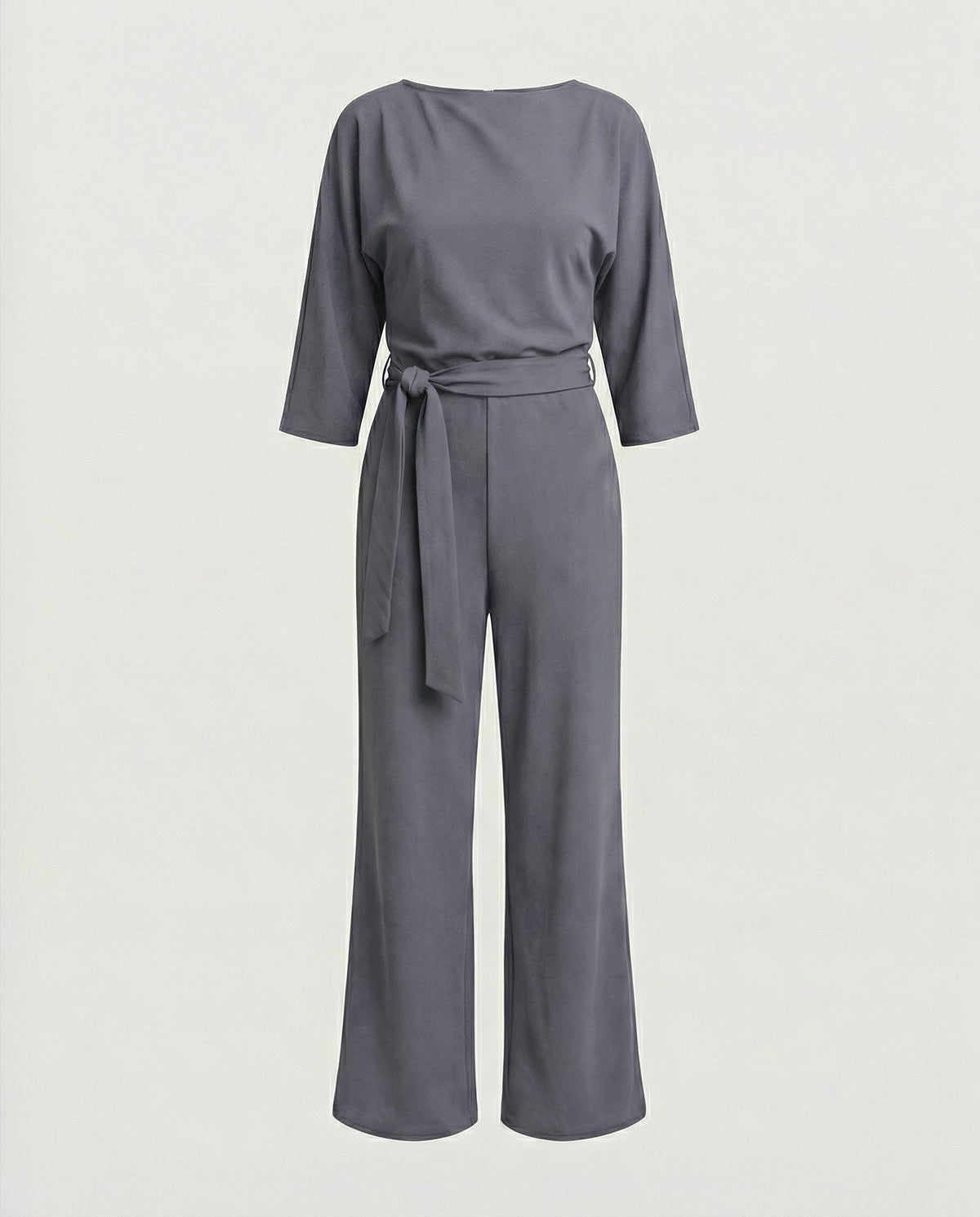 Belted Crew Neck Wide Leg Jumpsuit for Women - Dark Gray