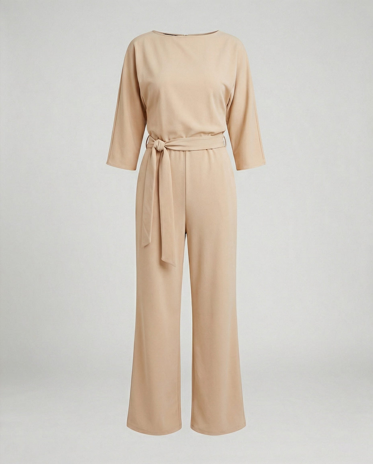 Belted Crew Neck Wide Leg Jumpsuit for Women - Beige