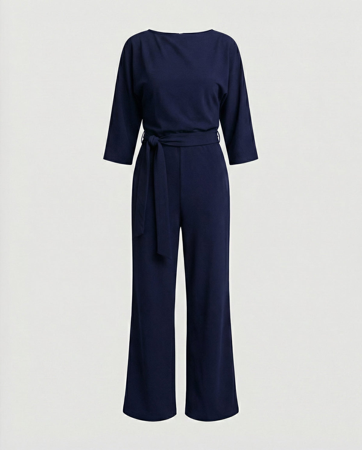 Belted Crew Neck Wide Leg Jumpsuit for Women - Blue