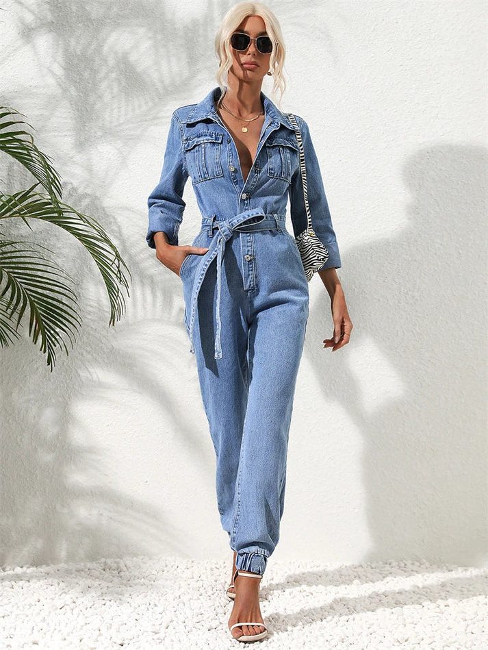 Belted Denim Jumpsuit with Long Sleeves for Women
