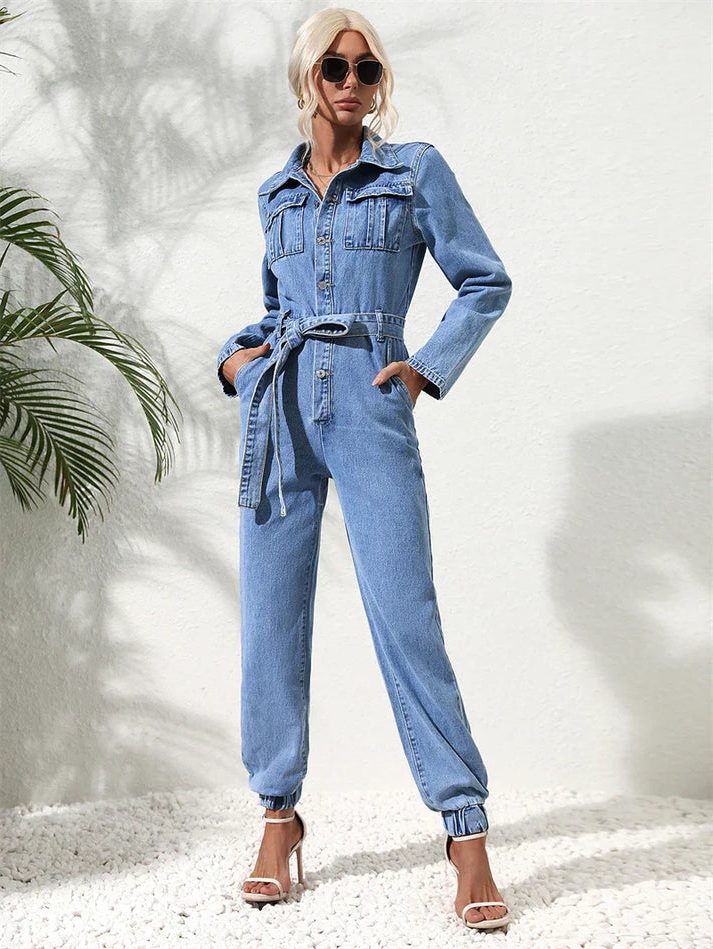 Belted Denim Jumpsuit with Long Sleeves for Women