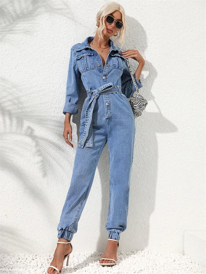 Belted Denim Jumpsuit with Long Sleeves for Women - View 3