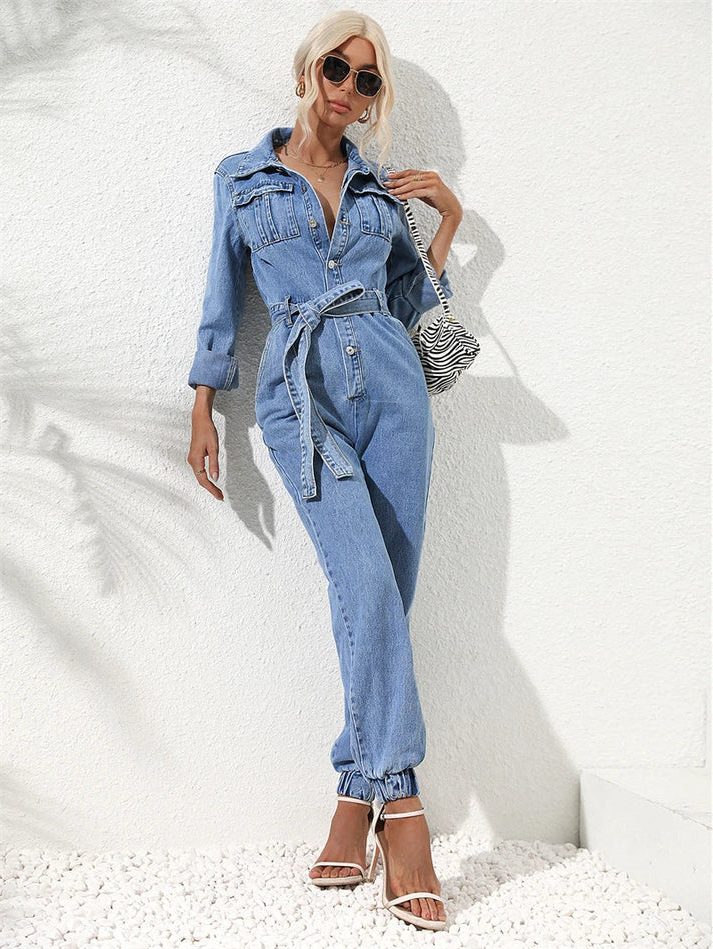 Belted Denim Jumpsuit with Long Sleeves for Women - View 4
