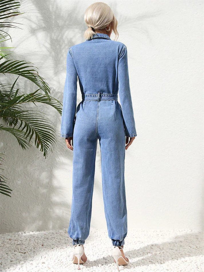 Belted Denim Jumpsuit with Long Sleeves for Women - View 5