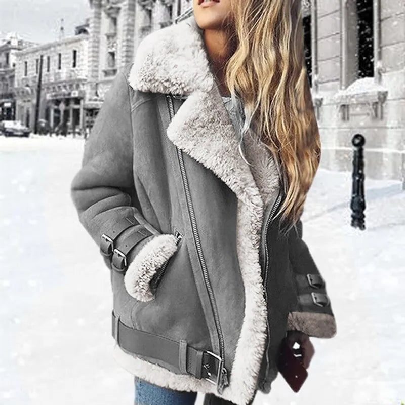 Belted Faux Fur Collar Wool Jacket for Women - Gray