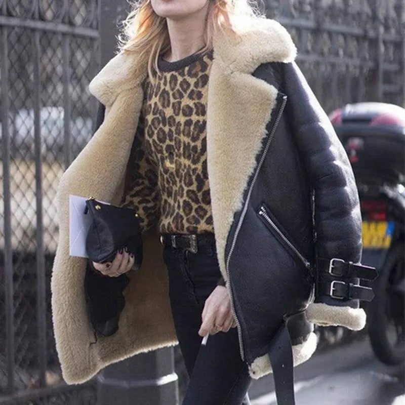 Belted Faux Fur Collar Wool Jacket for Women - Black
