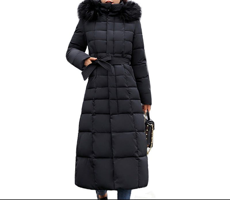 Belted Long Puffer Winter Coat with Faux Fur Hood for Women