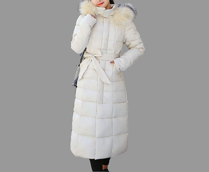 Belted Long Puffer Winter Coat with Faux Fur Hood for Women