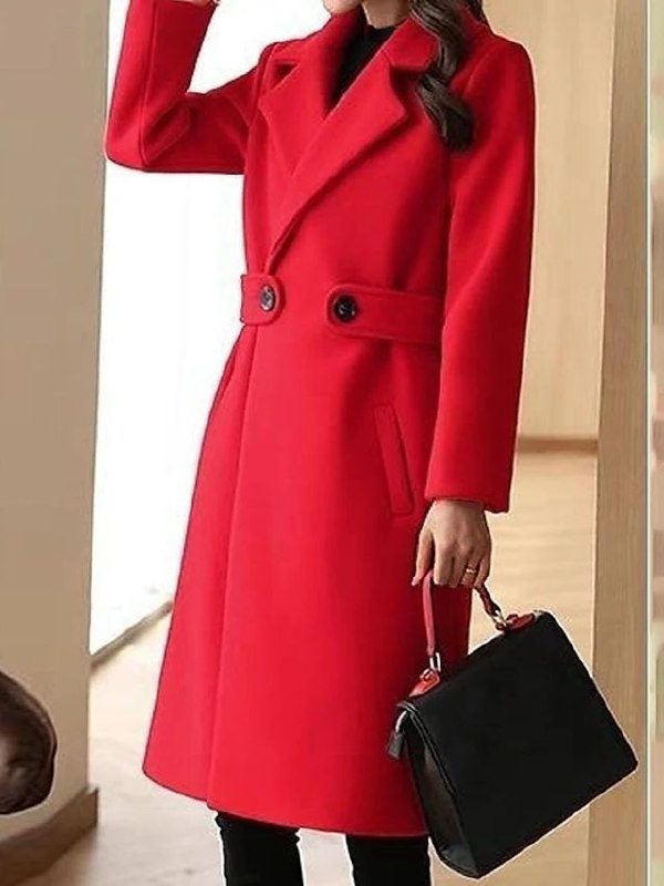 Belted Long Wool Coat for Women - Red