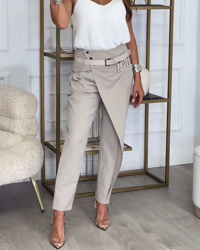 Belted Patchwork Straight Leg Trousers for Women - Gray