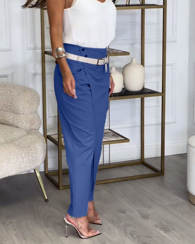 Belted Patchwork Straight Leg Trousers for Women - View 7