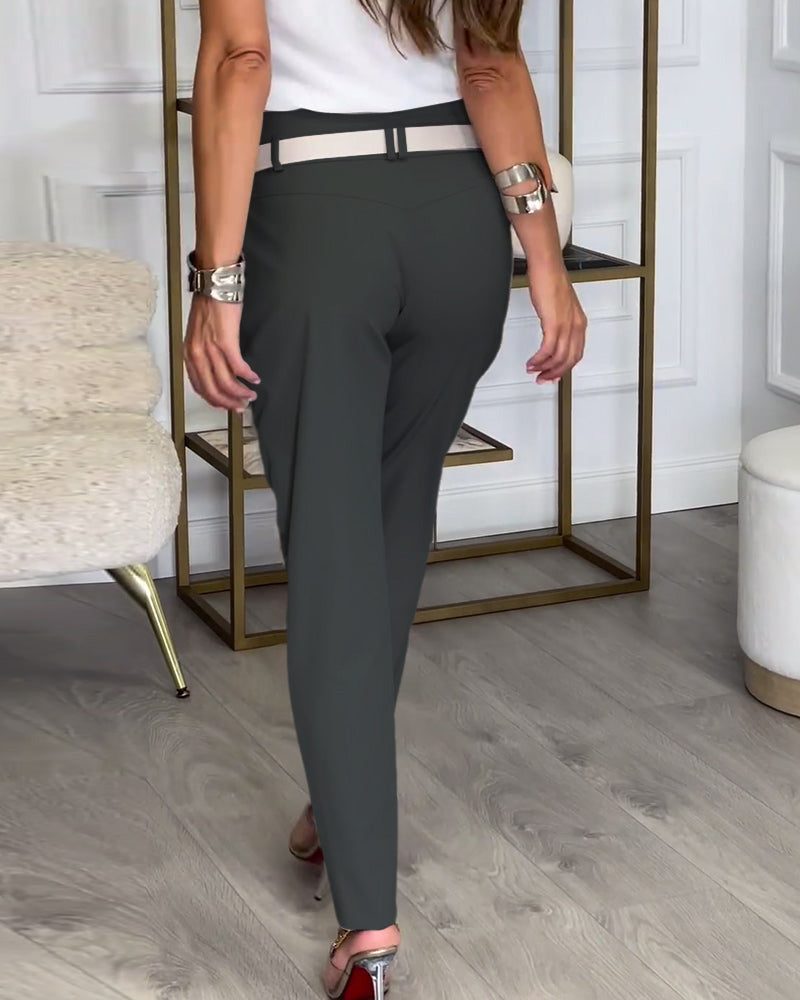 Belted Patchwork Straight Leg Trousers for Women - View 12