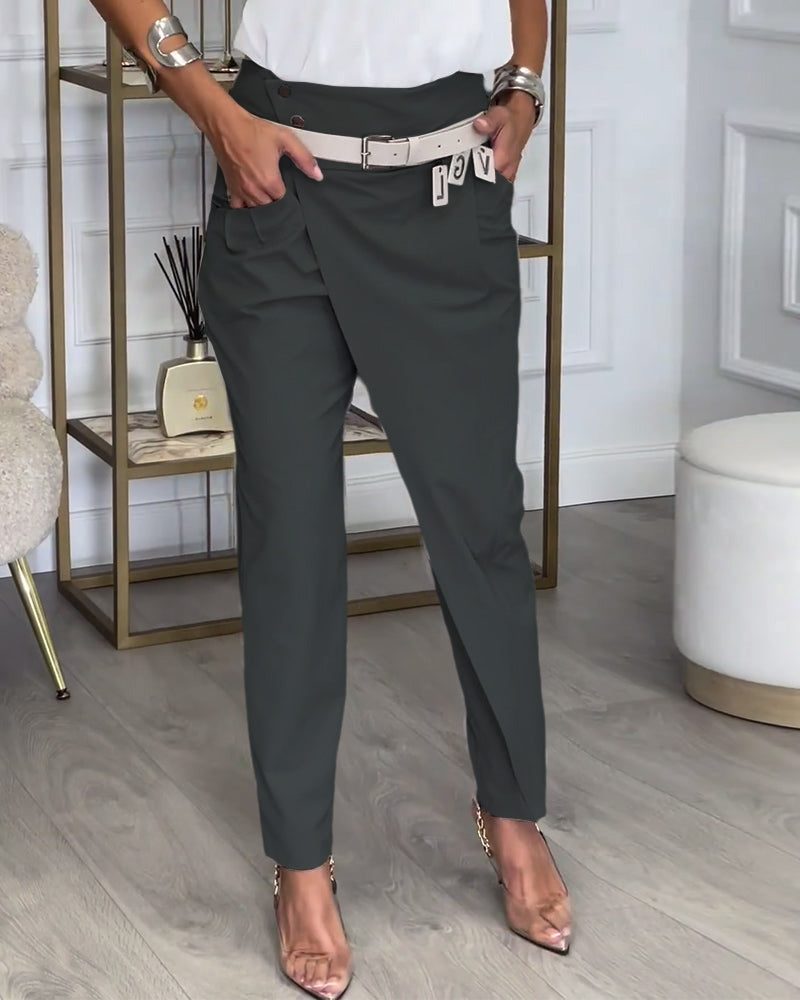 Belted Patchwork Straight Leg Trousers for Women - View 13