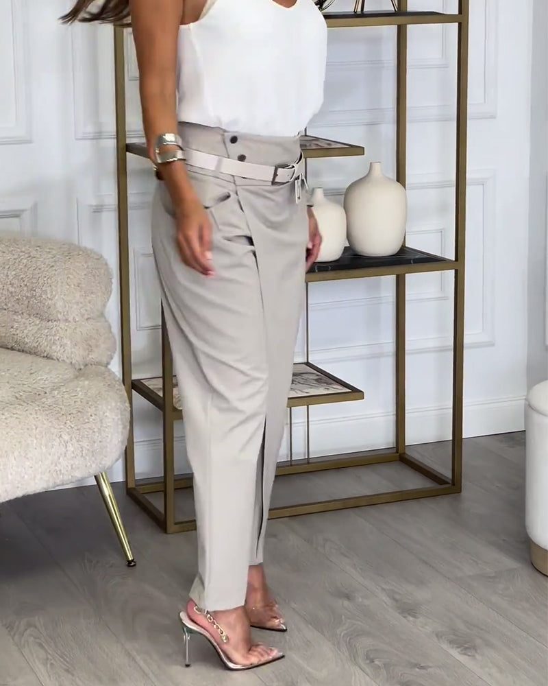 Belted Patchwork Straight Leg Trousers for Women
