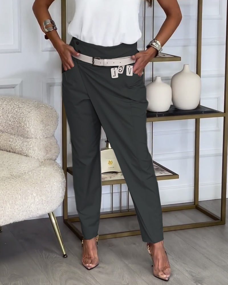 Belted Patchwork Straight Leg Trousers for Women - Dark Gray