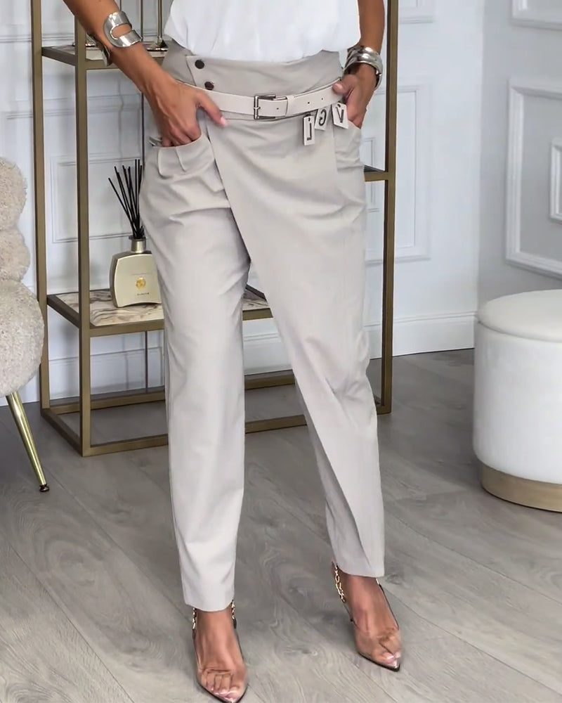 Belted Patchwork Straight Leg Trousers for Women - View 3