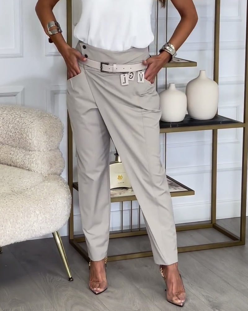 Belted Patchwork Straight Leg Trousers for Women - View 4