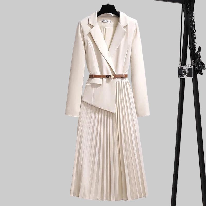 Belted Pleated Blazer Dress with Long Sleeves for Women - White