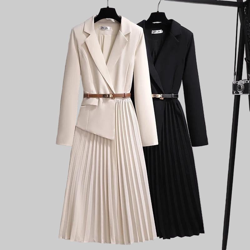 Belted Pleated Blazer Dress with Long Sleeves for Women