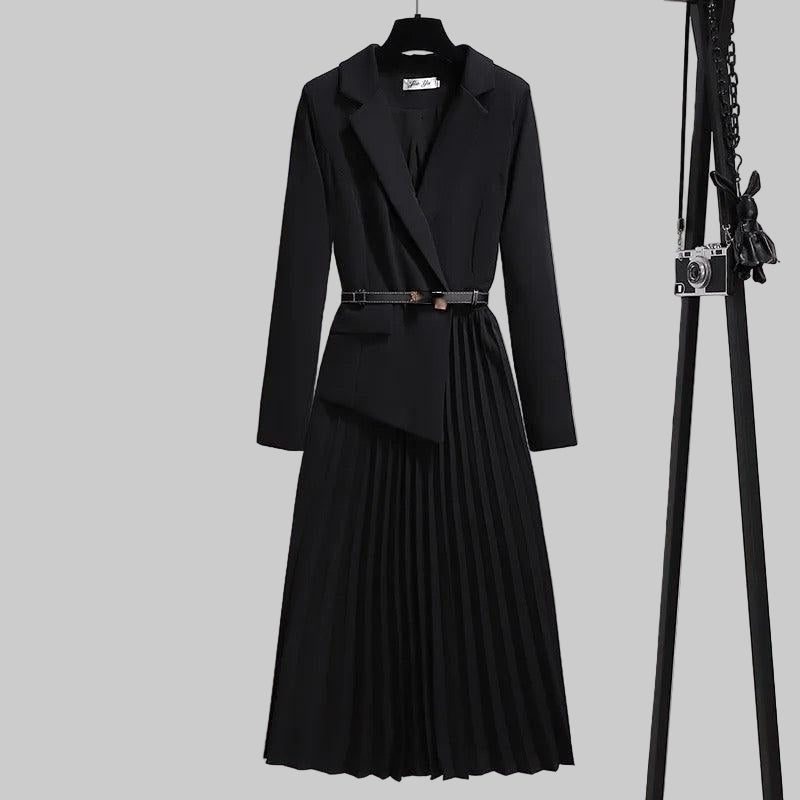 Belted Pleated Blazer Dress with Long Sleeves for Women - Black