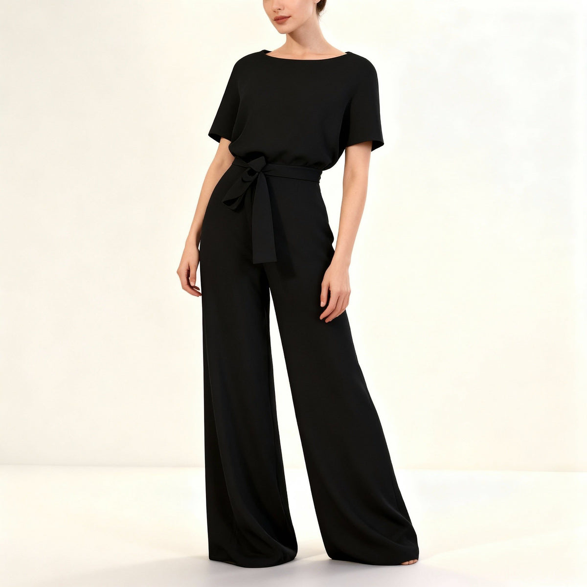 Belted Wide Leg Jumpsuit for Women - Black