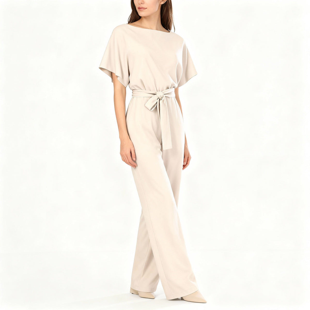 Belted Wide Leg Jumpsuit for Women - Beige