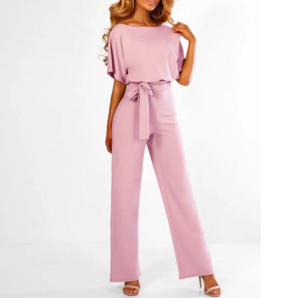 Belted Wide Leg Jumpsuit for Women - Pink