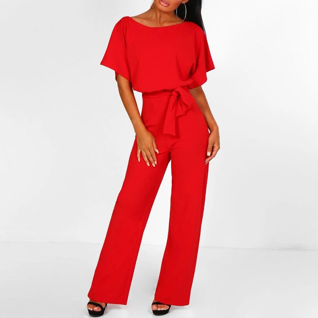 Belted Wide Leg Jumpsuit for Women - Red