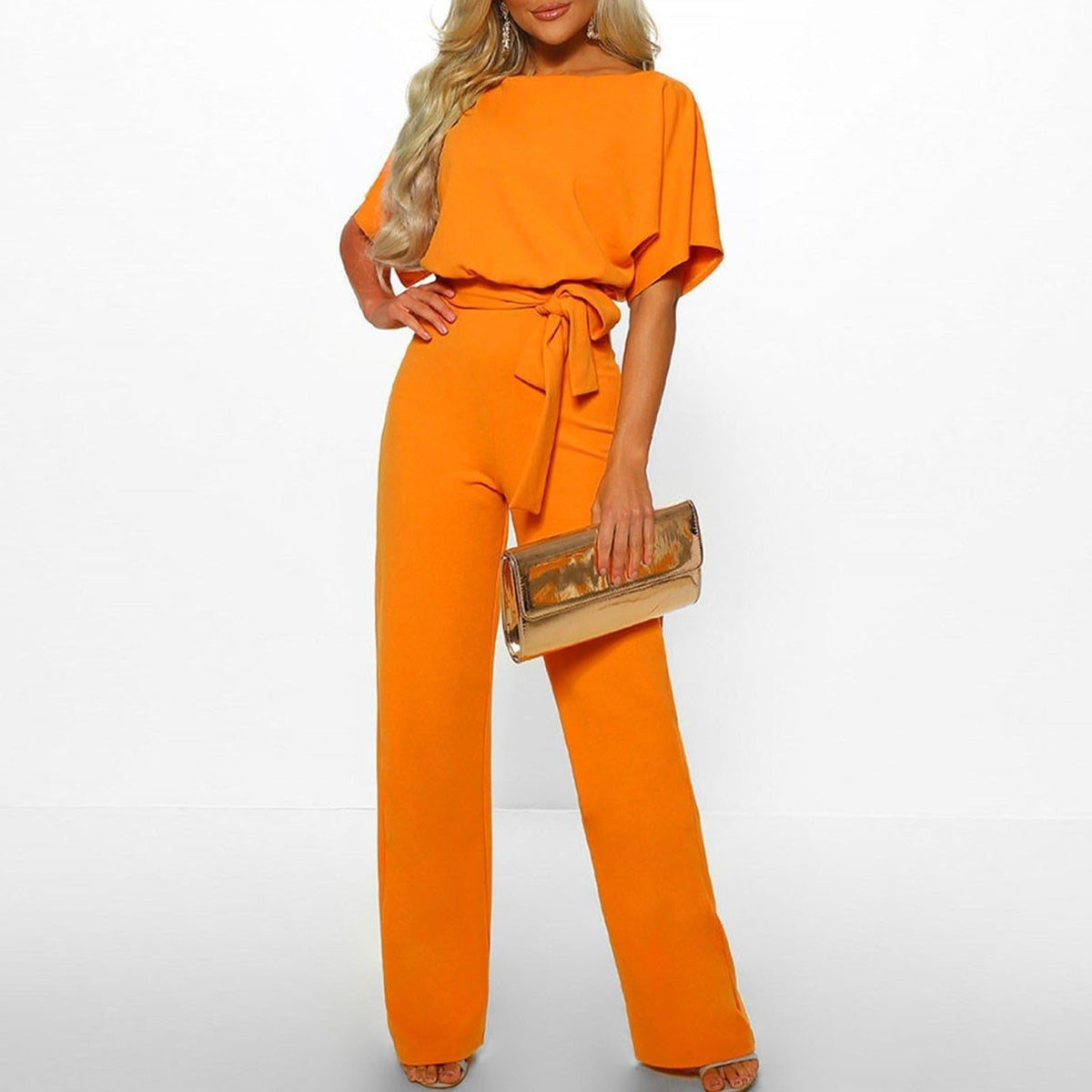 Belted Wide Leg Jumpsuit for Women - Yellow