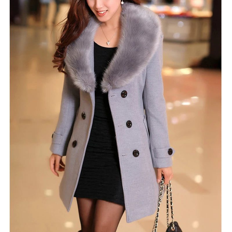 Belted Wool Coat with Faux Fur Collar for Women - Gray