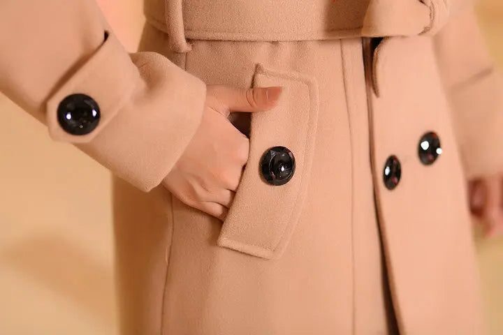 Belted Wool Coat with Faux Fur Collar for Women - View 8