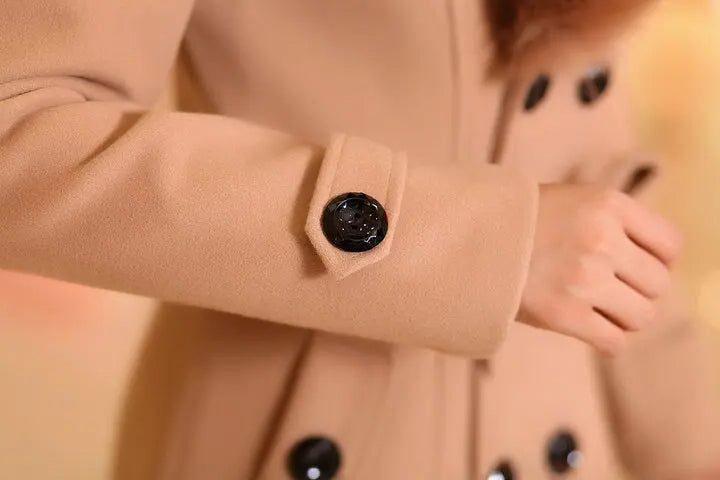 Belted Wool Coat with Faux Fur Collar for Women - View 9