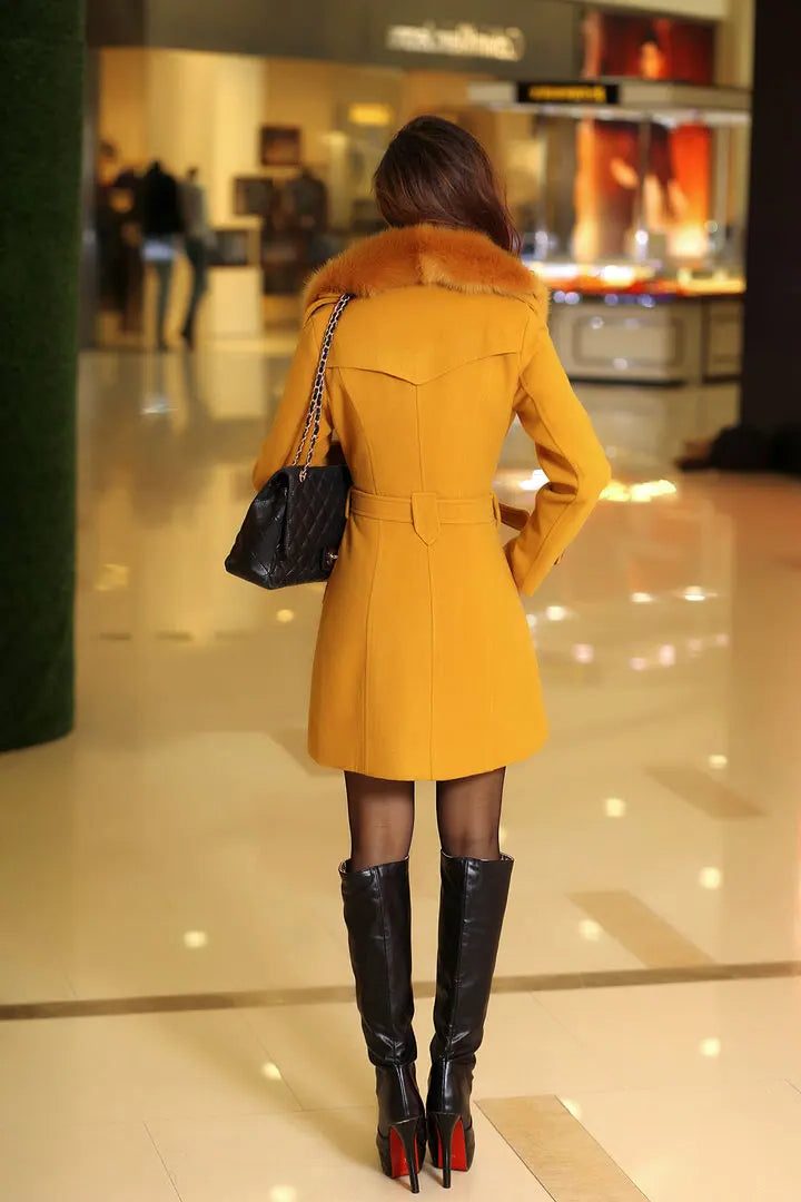 Belted Wool Coat with Faux Fur Collar for Women