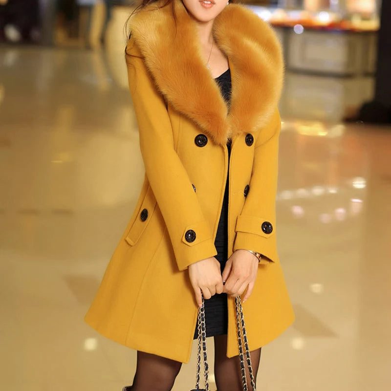 Belted Wool Coat with Faux Fur Collar for Women - Yellow