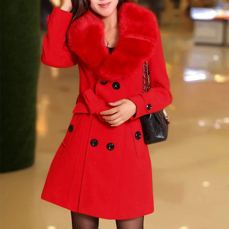 Belted Wool Coat with Faux Fur Collar for Women - Red