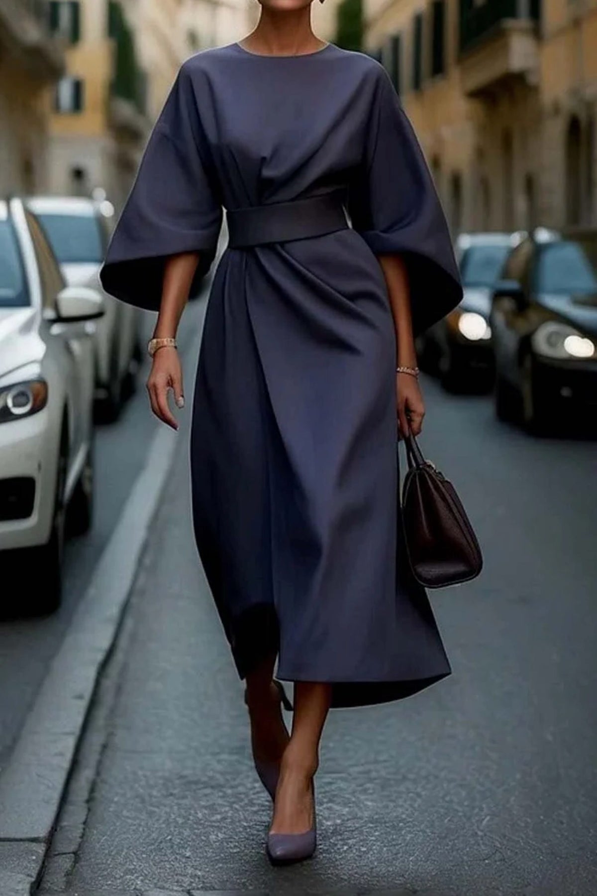 Belted Wrap Midi Dress with Lantern Sleeves for Women - Blue