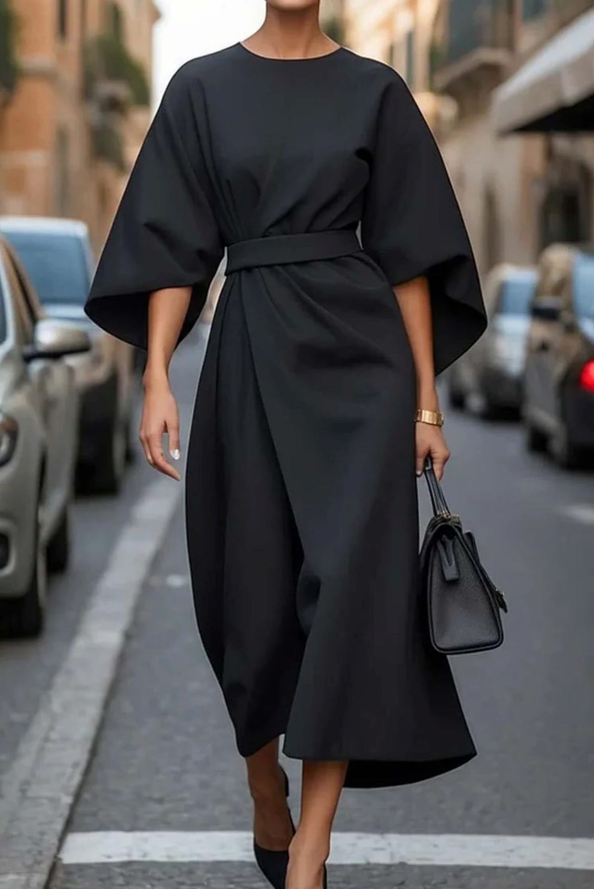 Belted Wrap Midi Dress with Lantern Sleeves for Women - Black