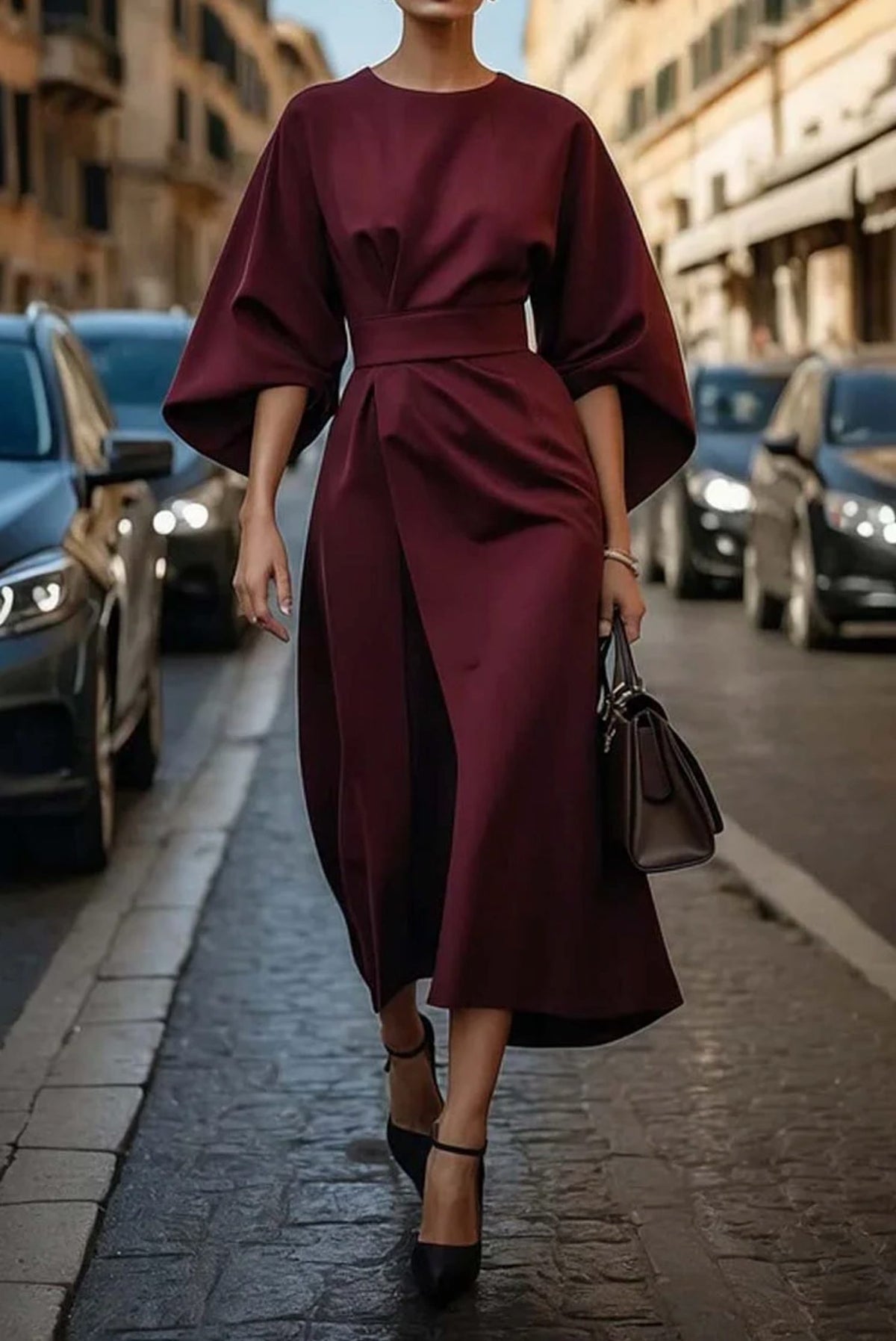 Belted Wrap Midi Dress with Lantern Sleeves for Women - Burgundy