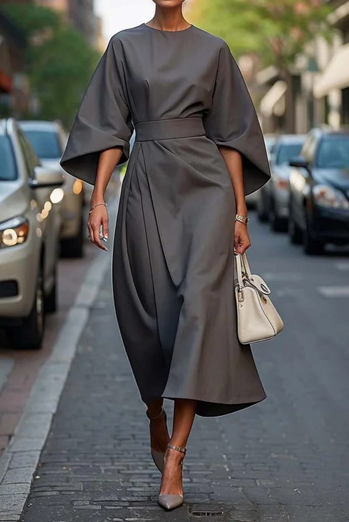 Belted Wrap Midi Dress with Lantern Sleeves for Women - Grey
