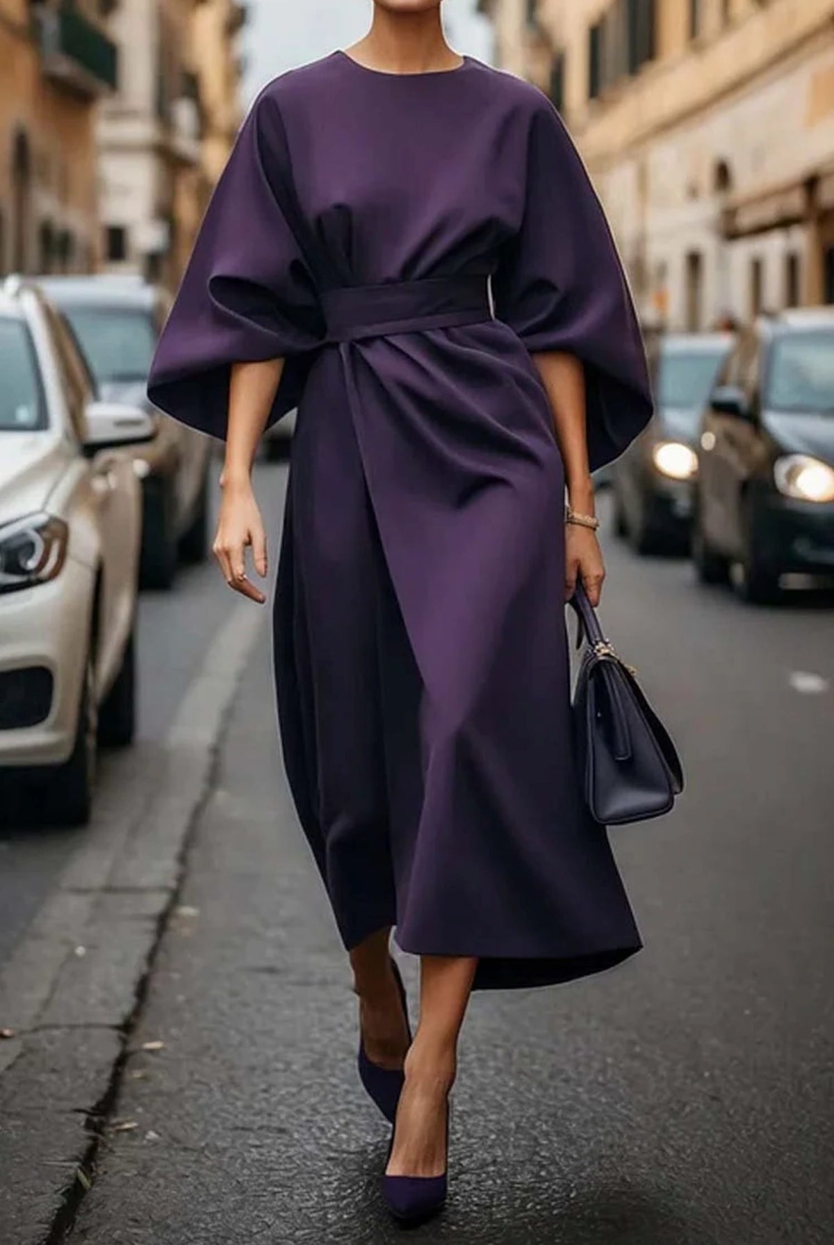 Belted Wrap Midi Dress with Lantern Sleeves for Women - Purple