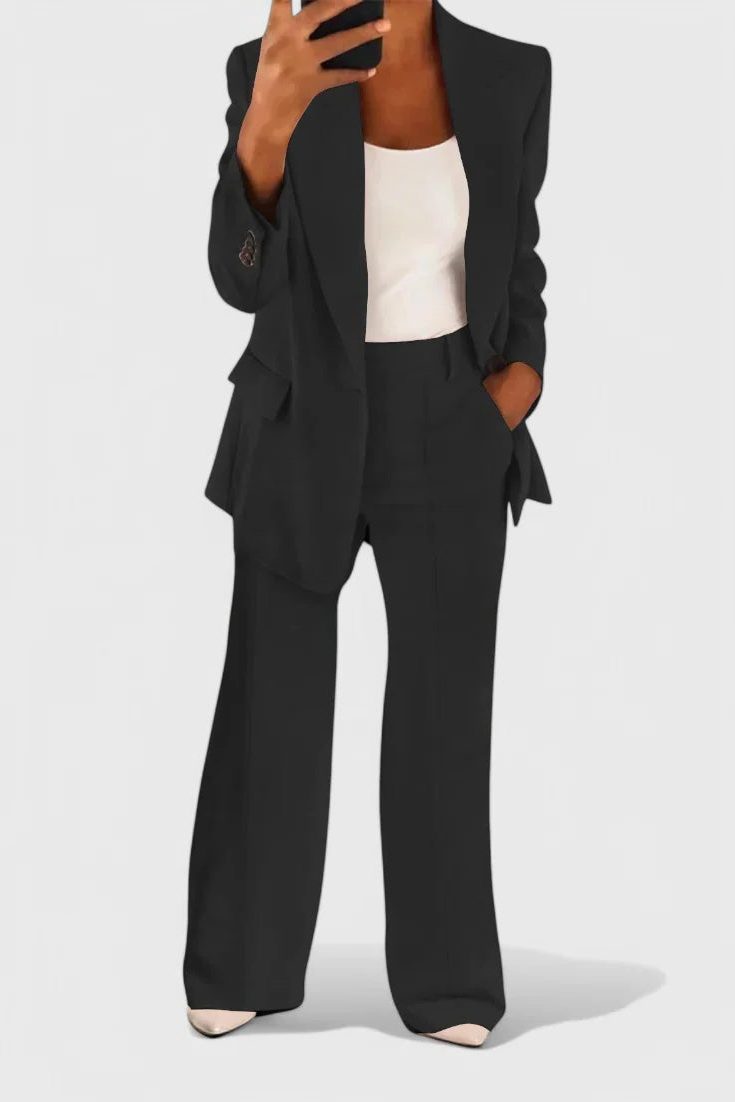 Black Blazer and Wide Leg Trousers Set for Women